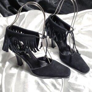 NEW BEE FLY black suede fringe ankle strap square toe heels TOKYO SZ 6